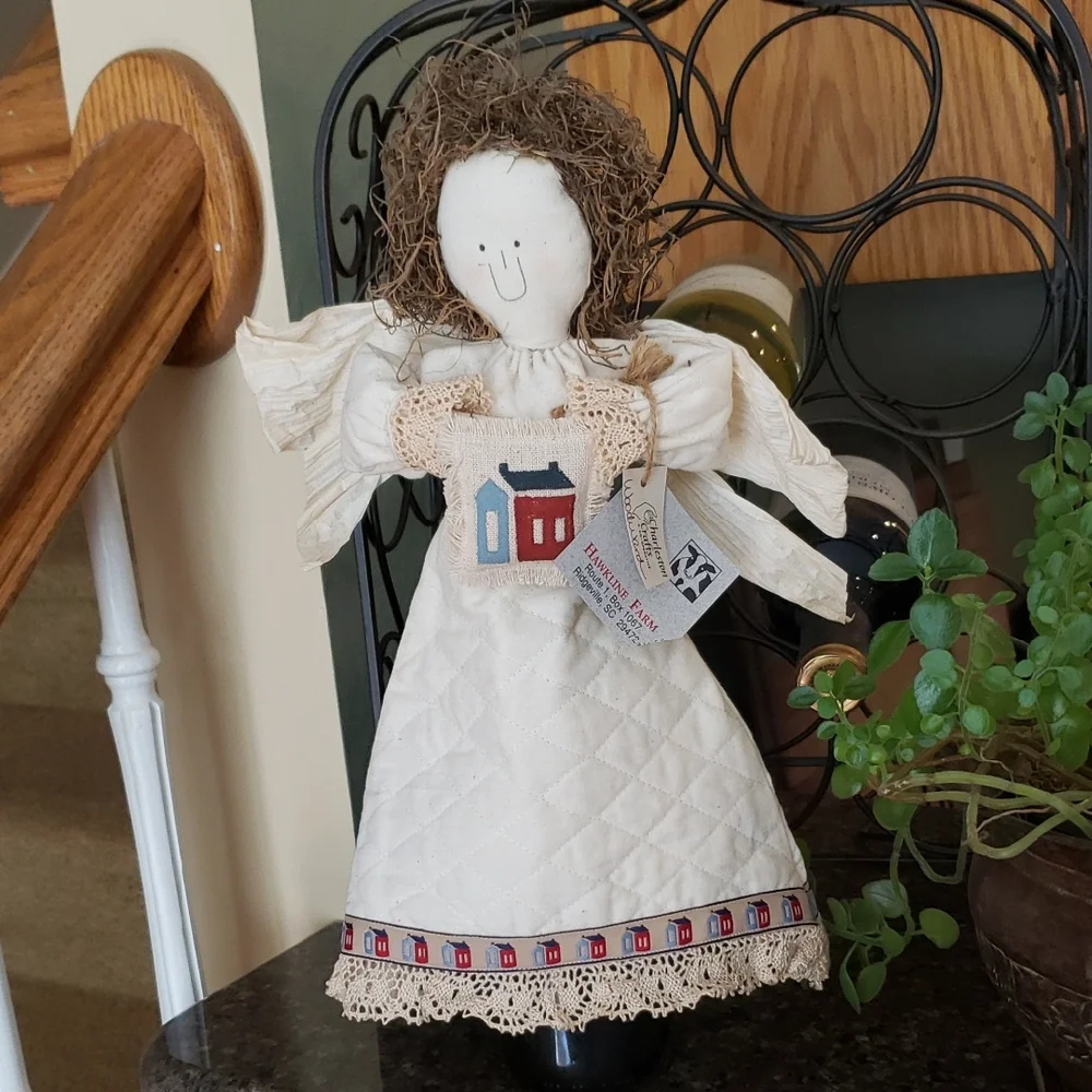 NWT Wine Bottle Cover/ Decor -Handcrafted Cream Angel with House Design